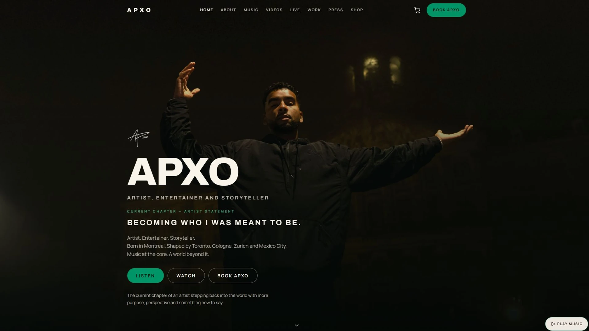 APXO Website: Startseite eines Künstlers, Entertainers und Storytellers