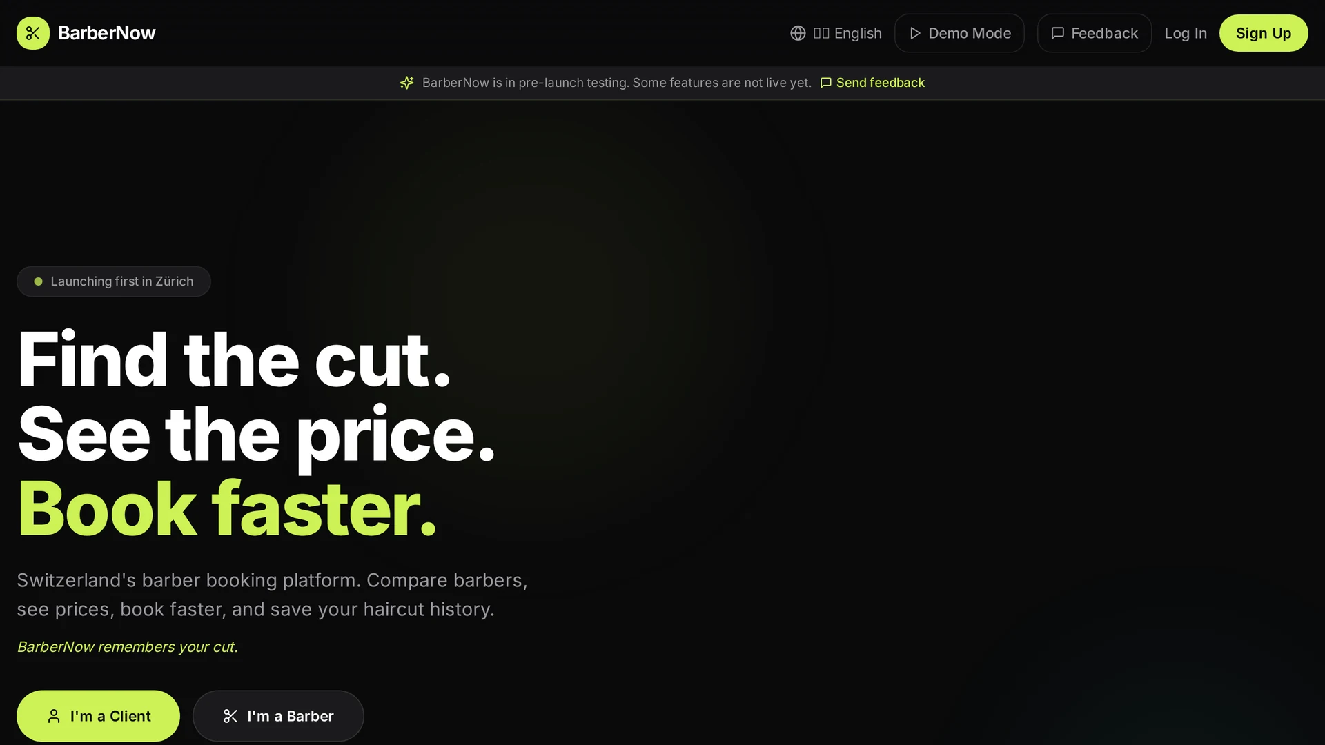 BarberNow Website: Startseite der Buchungsplattform in der Vorabversion